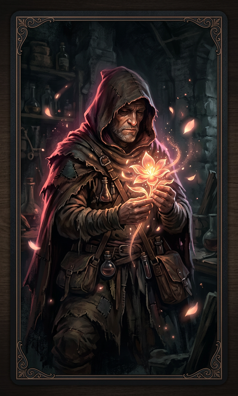 Sample illustrated card: Hooded Alchemist